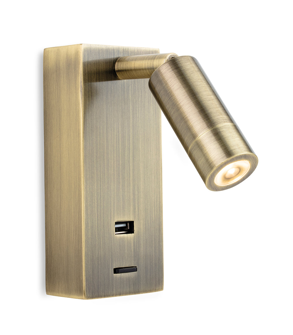 Firstlight 2896AB Clifton LED Switched Wall Light with USB (Antique Brass)