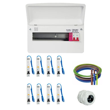FuseBox F3011MZ 11 Way SPD Board + 8 A Type RCBO's + 32mmTail Gland Kit + Flexible Meter Tail Pack - 25mm - 2 Metre