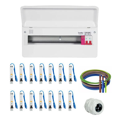 FuseBox F3015MZ/KIT3 15 Way SPD Metal Consumer Unit + 14 A Type RCBO's + 32mmTail Gland Kit + Flexible Meter Tail Pack - 25mm - 2 Metre