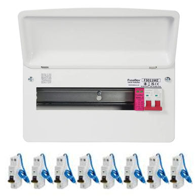 FuseBox F3011MZ 11 Way SPD Board + 8 A Type DP Bi-Directional Mini RCBO's