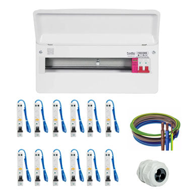 FuseBox F3015MZ 15 Way SPD Consumer Unit + 12 A Type RCBO's + 32mmTail Gland Kit + Flexible Meter Tail Pack - 25mm - 2 Metre