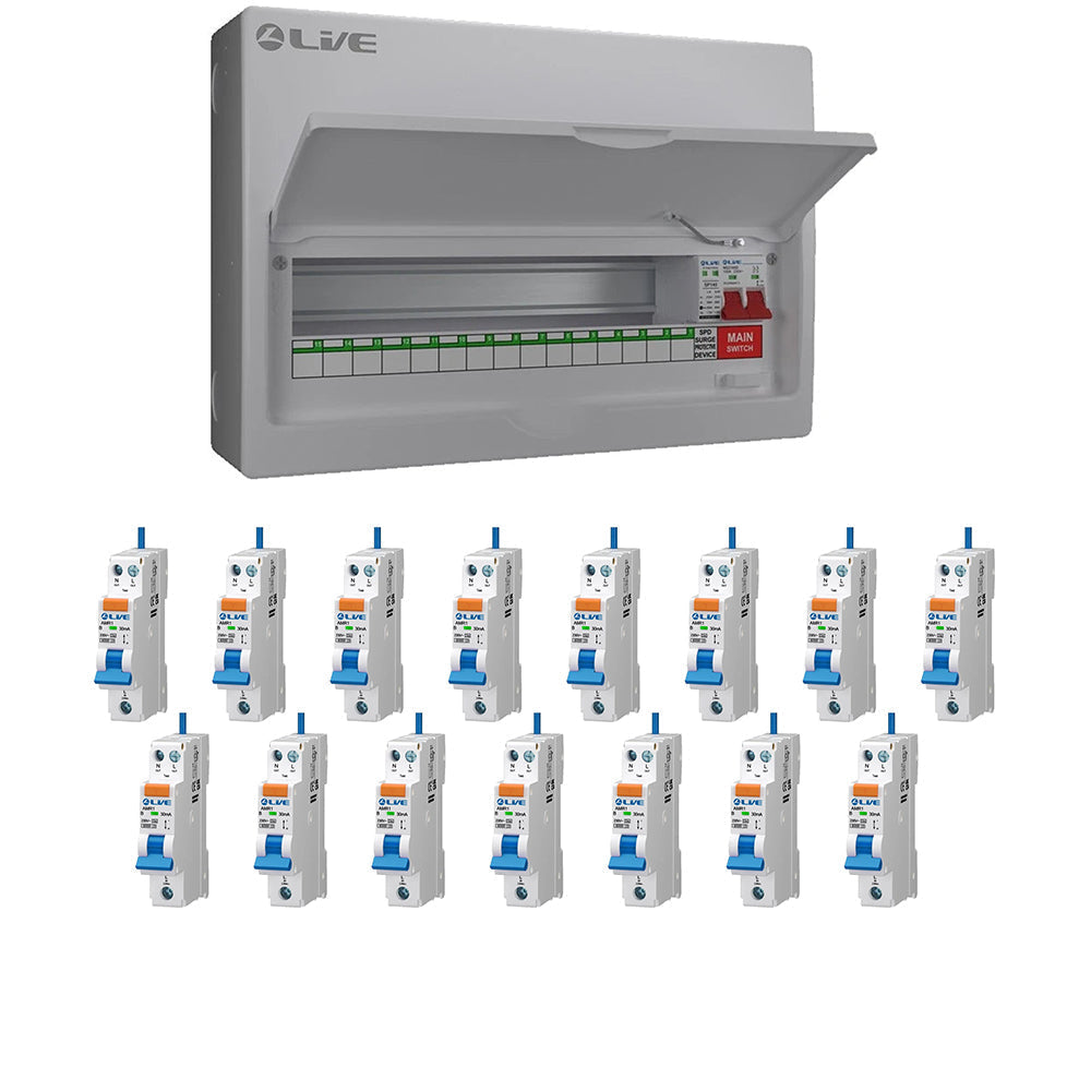 Live Electrical LSMC18M-SP 15 WAY 100A SPD Metal Consumer Unit & 15 RCBO's