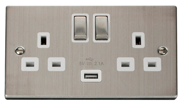 Click VPSS570WH Victorian Stainless Steel 13A 2G SW SKT WITH 2.1A USB SS WH INGOT