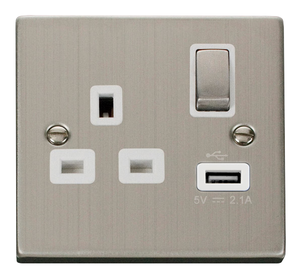 Click VPSS571WH 1G SP 13A Switched Socket 2.1A USB (Stainless Steel/White)