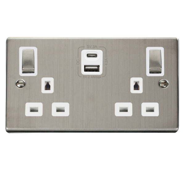 Click VPSS586WH Victorian Stainless Steel 2G 13A SW SKT 4.2A A&C USB INGOT VPSS WH