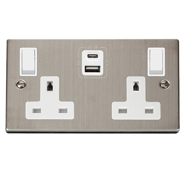 Click VPSS786WH Victorian Stainless Steel 2G 13A SW SKT 4.2A A&C USB VPSS WH
